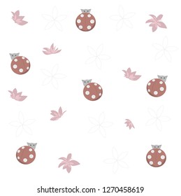 Beautiful background. Ladybugs and flowers. White texture. Light wallpaper. Cute unusual creatures. Fantasy, a fairy tale. Pink, beige, delicate colors. Summer, spring, day. Miracles, imaginat
