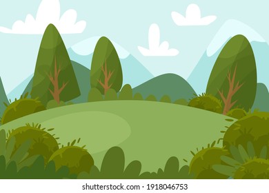 Beautiful background with a landscape. Kus, trees, clouds, mountains