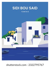 beautiful background landscape of Sidi Bou Said in Tunisia. vector illustration with colored style.