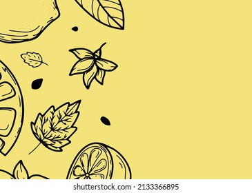 Beautiful background with lemons, flowers, leave. Hand-drawn vector illustration of fruits. Banner in the style of engraving. Vintage citrus and botanical design. For poster, prints, wallpaper, covers