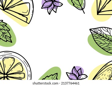 Beautiful background with lemons, flowers, leave. Hand-drawn vector illustration of fruits. Banner in the style of engraving. Vintage citrus and botanical design. For poster, prints, wallpaper, covers