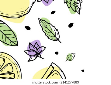 Beautiful background with lemons, flowers, leave. Hand-drawn vector illustration of fruits. Banner in the style of engraving. Vintage citrus and botanical design. For poster, prints, wallpaper, covers