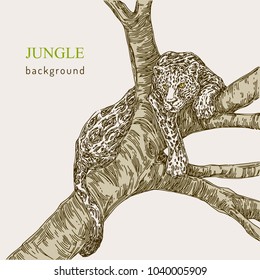 Beautiful background. Leopard resting on  old tree. Vintage style. Vector illustration.