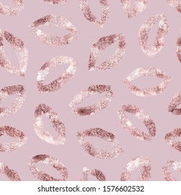 Beautiful background lipstick kisses. Seamless pattern glitter marble lips traces. Romantic Imprint lips for design wrapping paper, gift wrapper, wallpaper, prints. Sparkle texture glitterer rose gold