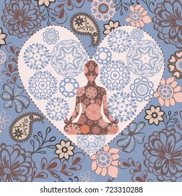  Beautiful background with  lotus position yoga in heart shape. Geometric element hand drawn. Concept of peace and love. 