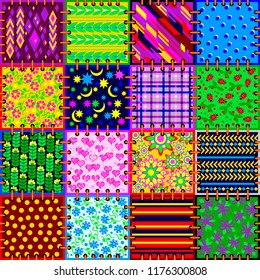 Beautiful background made from a set of cloth pieces with different ornaments for square serviette or pillow. Seamless pattern. Vector image.