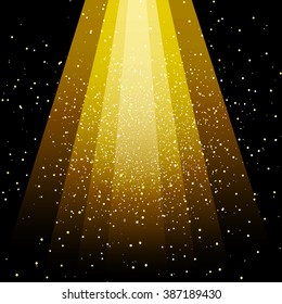 Beautiful background with magic golden light and flying sparks, glowing in the darkness.