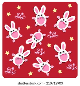 Beautiful background for Moon cake Festival, Children's Festival. Many cute white rabbits on a red, with Chinese clouds and stars. Vector illustration for Holiday. Cartoon.