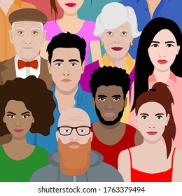 Beautiful background with multicultural cartoon people.