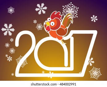 Beautiful background for new year. Cartoon rooster sitting on date. Says happy new year.