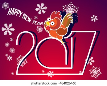 Beautiful background for new year. Cartoon rooster sitting on date. Says happy new year.