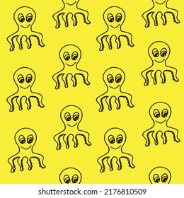 Beautiful background of octopus drawn with black marker on yellow paper. Pattern from exotic marine animals. Vacation concept. Print for bed linen.