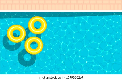 Beautiful background on the sea topic with yellow pool float. Ring floating in a refreshing blue swimming pool.Poster template for summer holiday. Summer pool party banner with space for text