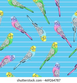 beautiful background parrots, tropical print, budgie seamless vector illustration.
