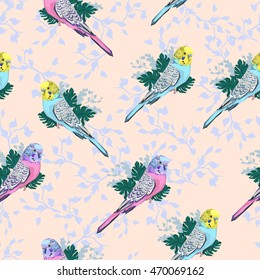 beautiful background parrots, tropical print, budgie seamless vector illustration.
