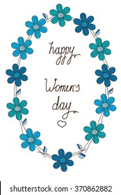 beautiful background with pattern of blue flowers in a circular composition, and with the words happy women's day on white background