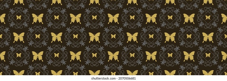 Beautiful background pattern with decorative ornaments and gold butterflies on a black background for your design. Seamless background for wallpaper, textures. Vector illustration.