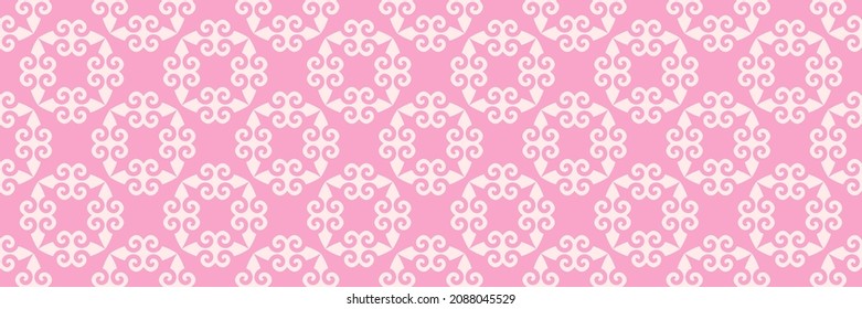 Beautiful background pattern with decorative ornaments on a pink background. Seamless wallpaper texture. Vector image