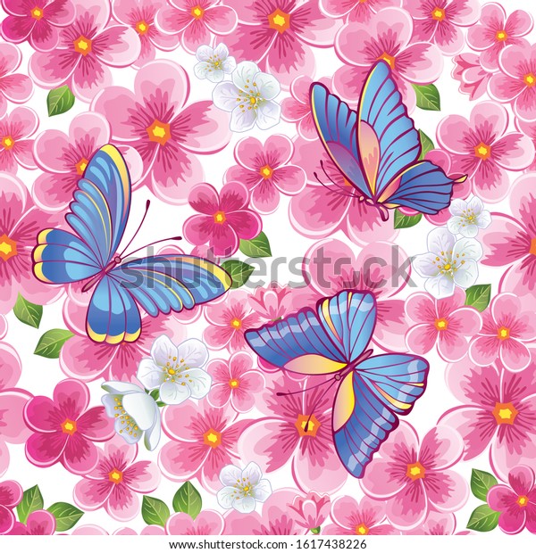 Beautiful Background Pink Flowers Butterfly Colored Stock Vector