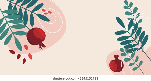 Beautiful background with pomegranate fruit and leaves. Modern design template background for textile, paper, fabric, interior decor, wrapping, wallpaper, packaging. Vector illustration. Shana Tova.