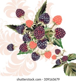 Beautiful background with raspberry on white background with ornament