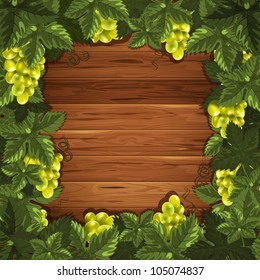 Beautiful background with ripe grapes on wooden surface. Vector illustration. There is a place for your text.