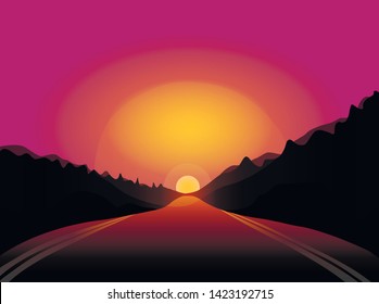 Beautiful background. Road in the forest. A scene in perspective. Sunset. Vector illustration 