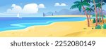 Beautiful background of a sandy beach on the ocean coast in summer with palms and mountains. Paradise travel destination. Family vacation on a Tropical island. Cartoon style vector illustration.