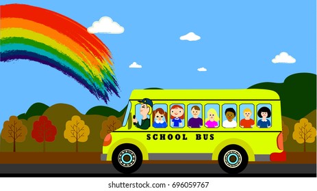 Beautiful Background with School Bus and Rainbow and Autumn Street. Back to School Concept. Vector Illustration