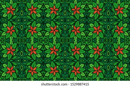 Beautiful background with seamless floral pattern with red flowers on the green foliage