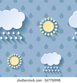 Beautiful background seamless pattern blue with yellow sun and white cloud. Nature modern wallpaper.