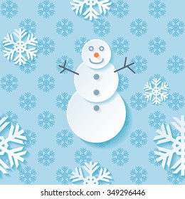 Beautiful background seamless pattern blue with white blossoming snowman. Winter modern wallpaper.