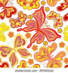 Beautiful background seamless pattern with flying colorful butterflies and moth over white. Bright stylish trendy wallpaper. Vector illustration