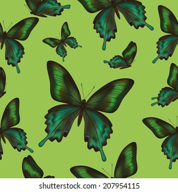 Beautiful background seamless pattern green with flying exotic tropical butterflies. Bright stylish trendy wallpaper. Vector illustration