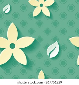 Beautiful background seamless pattern green with yellow blossoming flower and white leaf. Floral modern wallpaper.