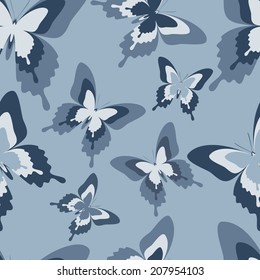 Beautiful background seamless pattern grey with black, white and grey butterflies. Bright stylish trendy wallpaper. Vector illustration