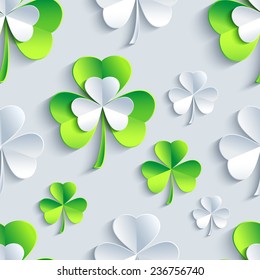 Beautiful background seamless pattern with grey and green stylized 3d leaf clover for st.Patrick day. Floral trendy stylish wallpaper. Vector illustration 