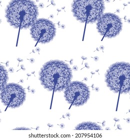 Beautiful background seamless pattern white with blue flower dandelion. Floral seamless pattern. Bright stylish trendy wallpaper. Vector illustration