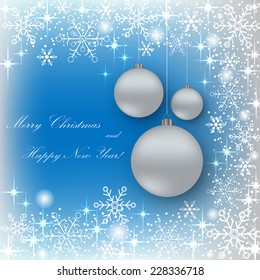 Beautiful background of snowflakes with Christmas balls and sparkles. Vector  illustration