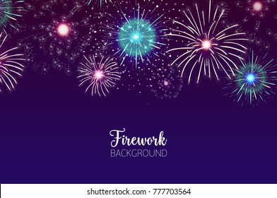 Beautiful background with spectacular fireworks bursting in dark night sky. Backdrop with festive colorful flashing lights. Holiday event celebration, pyrotechnics show. Vector illustration.