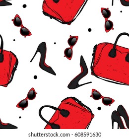 Beautiful background of stylish things. Shoes, bags and glasses. Vector illustration. Fashion & Style.
