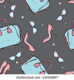 Beautiful background of stylish things. Shoes, bags and glasses. Vector illustration. Fashion & Style.