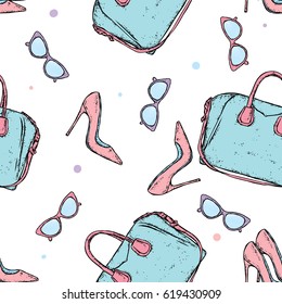 Beautiful background of stylish things. Shoes, bags and glasses. Vector illustration. Fashion & Style.