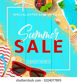 Beautiful background for summer sale. Top view on red sun glasses, seashells, cocktail, smartphone, flip flops and sea sand on wooden texture. Vector illustration with special discount offer.