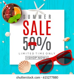 Beautiful background for summer sale. Top view on composition with sun glasses, seashells, fresh cocktail and ice cream on wooden texture. Vector illustration with web button.