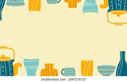 Beautiful background for text, banner. A set of ceramic tableware with design elements. A collection for tea drinking and delicious dishes. Teapot, plate, mug. Vector flat cartoon style