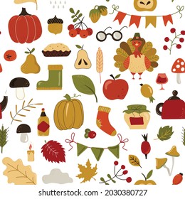 Beautiful background for Thanksgiving. Happy Thanksgiving. Seamless pattern on white background with cute turkey and autumn elements for Thanksgiving day design. Vector Illustration.