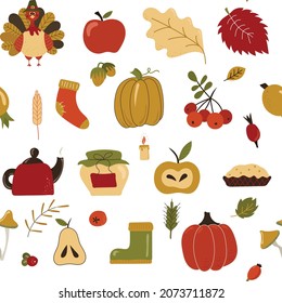 Beautiful background for Thanksgiving. Happy Thanksgiving. Seamless pattern on white background with cute turkey and autumn elements for Thanksgiving day design. Vector Illustration.