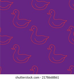 Beautiful background of toy ducks drawn with red marker on very peri paper. Neon seamless ducks pattern. Print for bed linen.