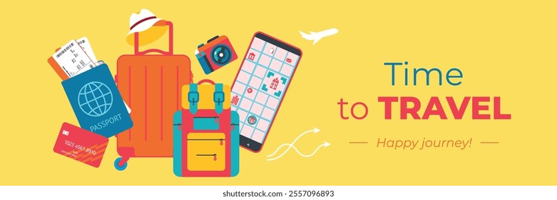 Beautiful background with travel elements: luggage, passport, ticket, bank card, map, phone, camera. Banner, flyer, invitation, coupon